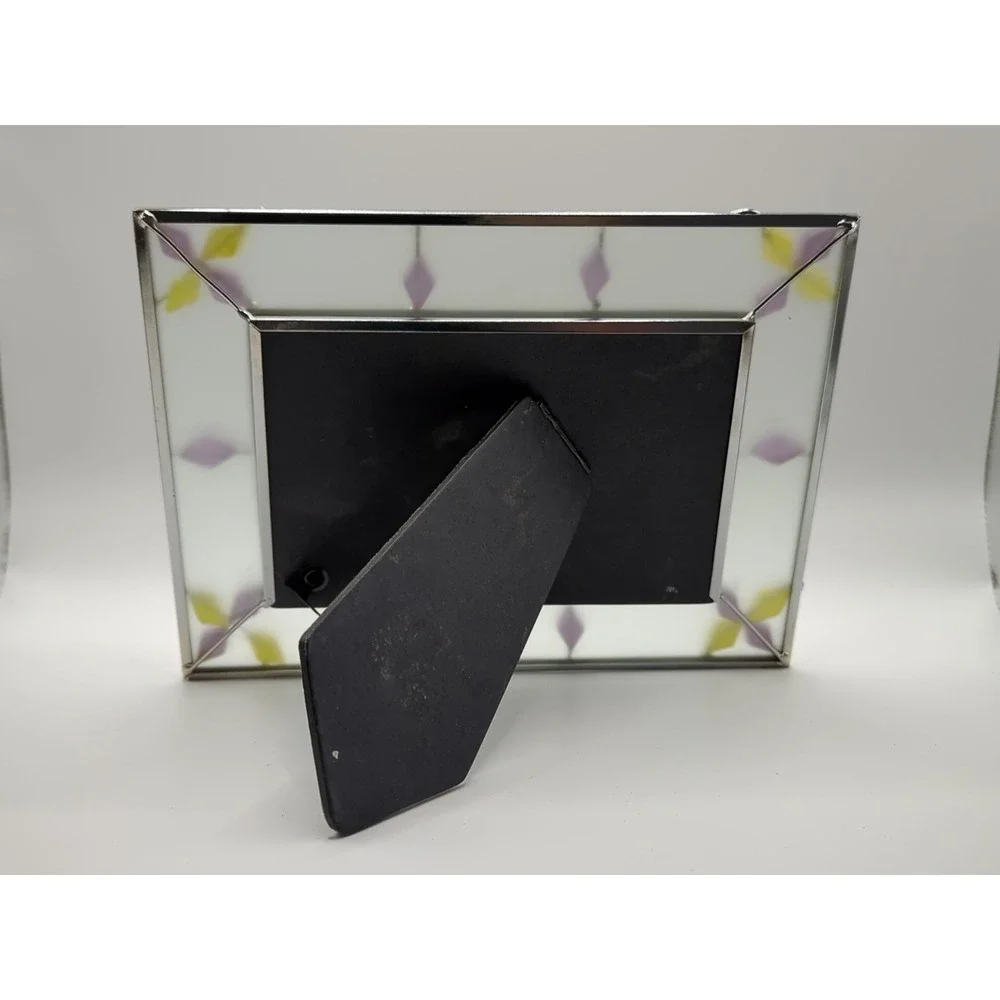 Vintage Stained Glass Photo Frame Purple Yellow Beaded Tabletop 4x6 Rectangle